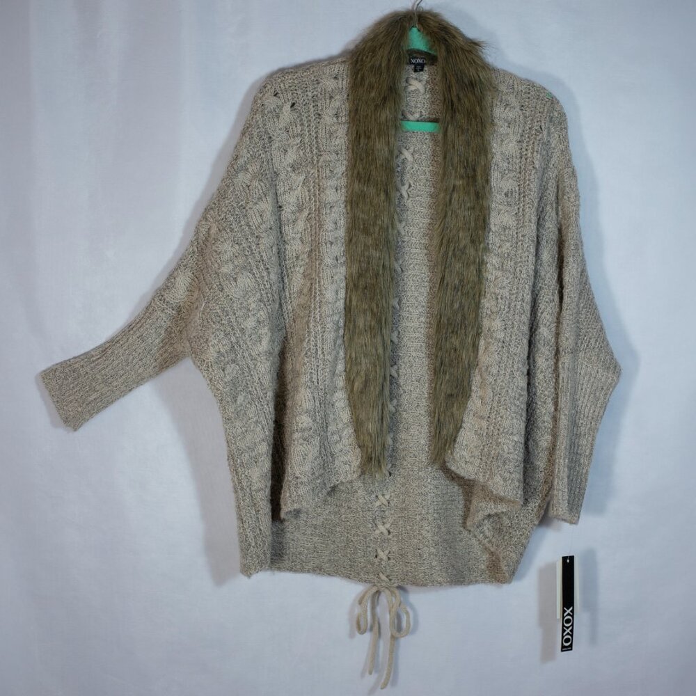 XOXO Faux Fur Collar Open Front Poncho Batwing Sleeve Cable Knit Cardigan Size L